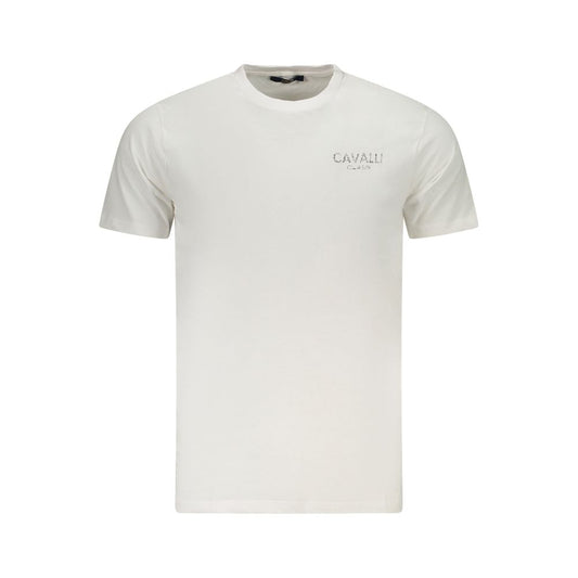 Cavalli Class White Cotton Men's T-Shirt with Crew Neck and Bold Print, Featuring Iconic Logo, High-Fashion Statement Apparel