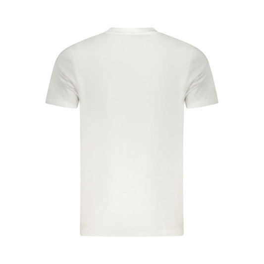 Cavalli Class white cotton men's T-shirt, short sleeve, crew neck with bold print on the front, showcasing high-fashion style and iconic logo.