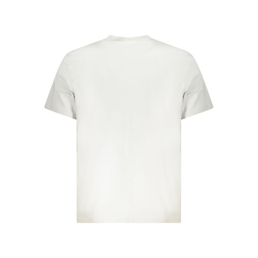 Back view of a plain white T-shirt on a white background, showcasing simplicity and classic design.