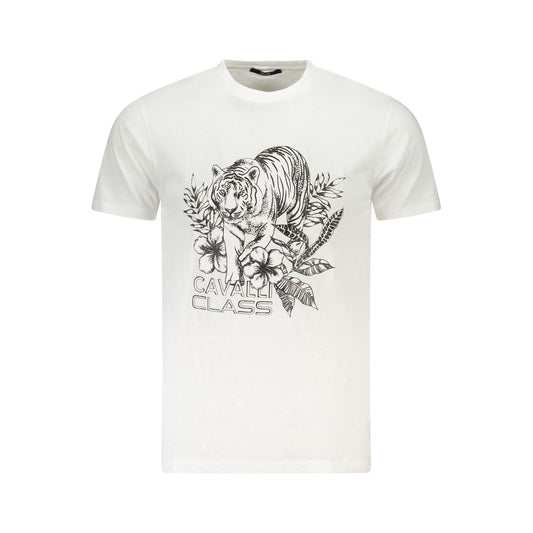 Cavalli Class white cotton men's T-shirt with bold tiger print and logo, short sleeves, crew neck, stylish and versatile design.