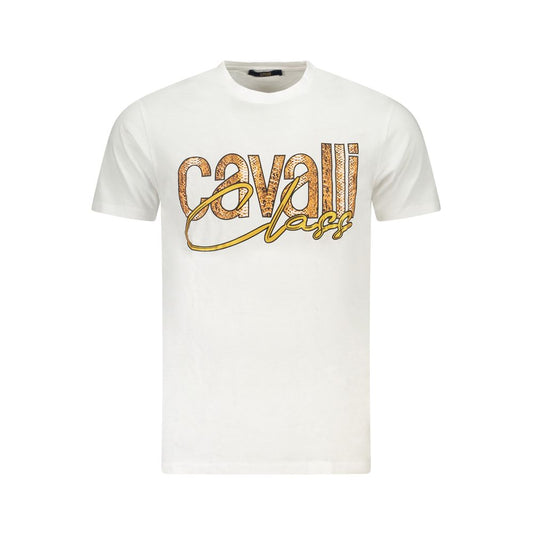 Cavalli Class white cotton men's T-shirt with logo print, chic and sophisticated fashion statement.