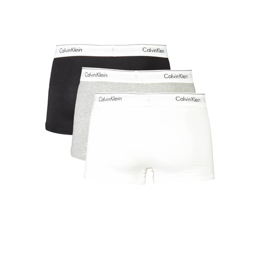 Calvin Klein men's boxers tri-pack in black, gray, and white with logo waistband
