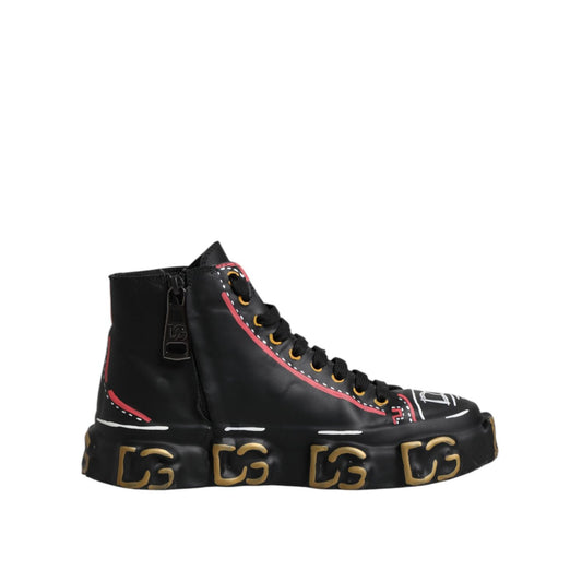 Dolce & Gabbana Black Leather Logo High Top Sneakers Shoes