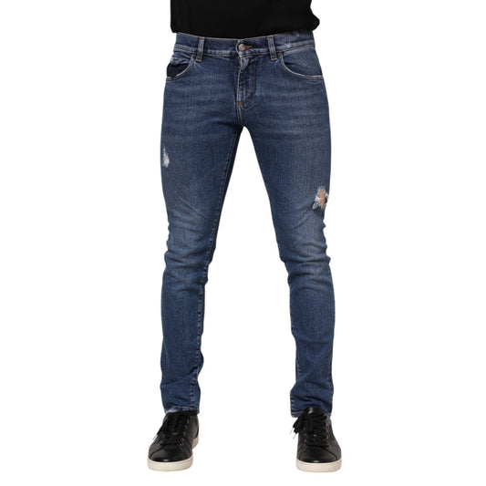 Dolce & Gabbana Blue Cotton Logo Plaque Skinny Men Denim Jeans