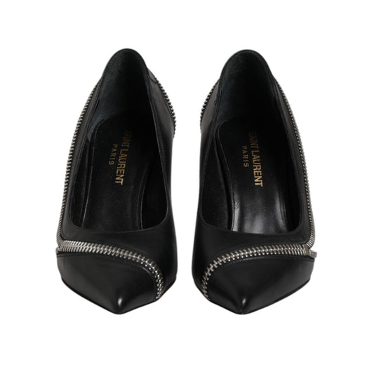 Saint Laurent White Black Leather Pointed Toe Heels Shoes LA12587-36