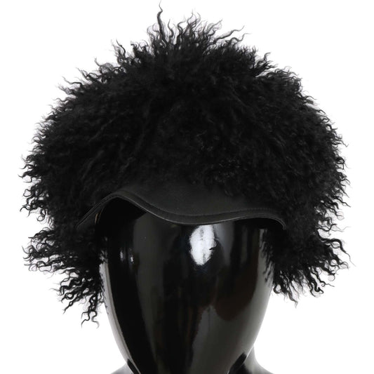 Dolce & Gabbana Black Tibet Lamb Fur Leather Gatsby Hat 1728,56 cm|XS,67345645728,Accessories,Black,Dolce & Gabbana,Flatcap Hats - Hats - Accessories,Hats - Accessories,Hats - Women - Accessories,Material: 100% Tibet Lamb fur and leather,New with tags,Wom