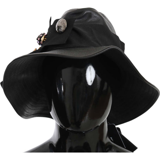 Dolce & Gabbana Black Leather DG Coin Crystal Wide Brim Hat 1728,18% Cotton 12% Acetate,56 cm|XS,67345645728,Accessories,Black,Dolce & Gabbana,Fedora - Hats - Accessories,Hats - Accessories,Hats - Women - Accessories,Material: 70% Leather,New with tags,Wo