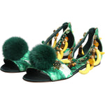 Dolce & Gabbana Green Mink Fur Satin Banana Leaf Sandals Shoes LA12817-35.5