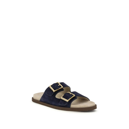 Brunello Cucinelli Blue Calf Leather Bos Taurus Flat Sandals