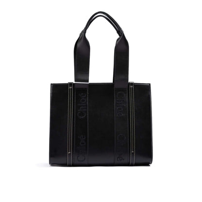Chloé Black Woody Embroidered Logo Leather Medium Tote Bag