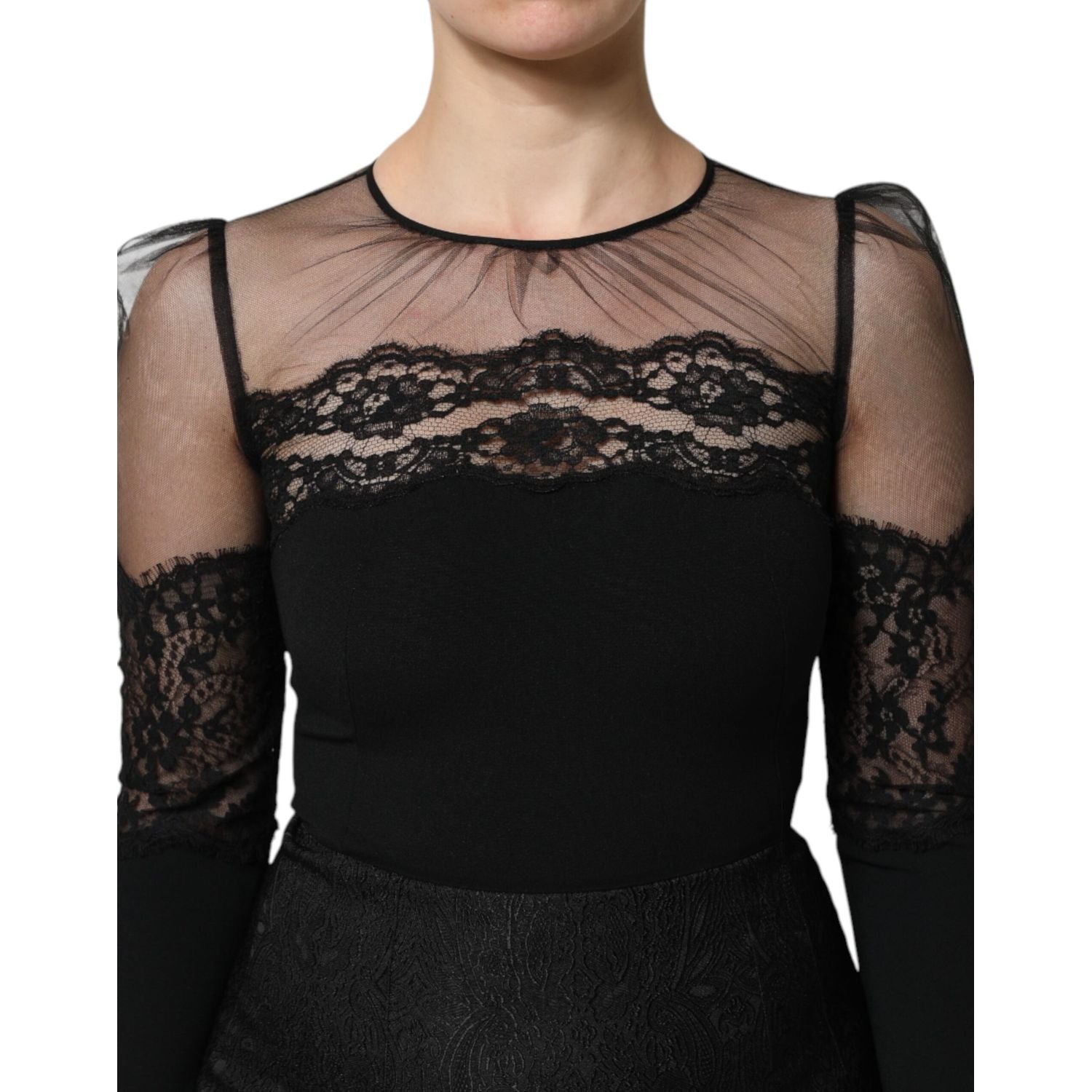 Dolce & Gabbana Black Lace Trim Nylon Tulle SheathMidi Dress
