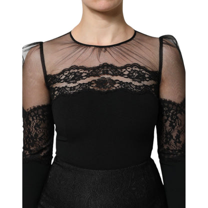 Dolce & Gabbana Black Lace Trim Nylon Tulle SheathMidi Dress
