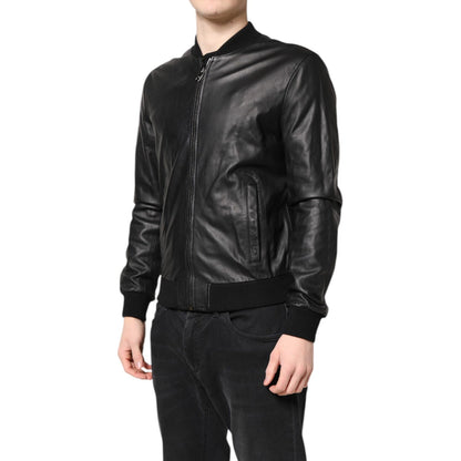 Dolce & Gabbana Black Lambskin Leather Full Zip Biker Jacket