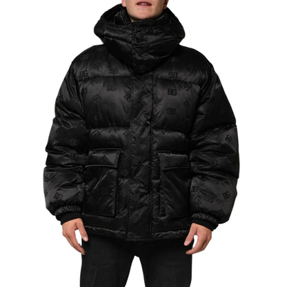 Dolce & Gabbana Black Monogram Logo Puffer Nylon Hooded Jacket