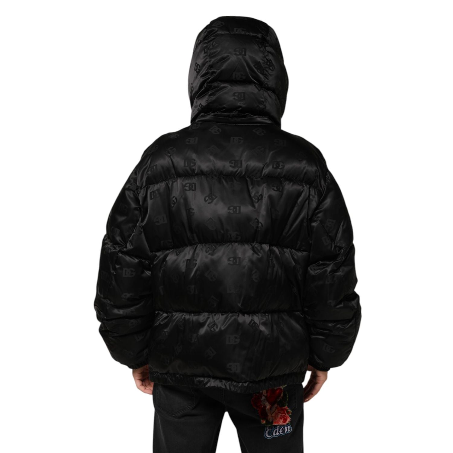 Dolce & Gabbana Black Monogram Logo Puffer Nylon Hooded Jacket