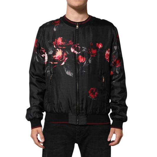Dolce & Gabbana Black Red Floral Silk Bomber Blouson Jacket Dolce & Gabbana