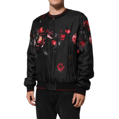 Dolce & Gabbana Black Red Floral Silk Bomber Blouson Jacket