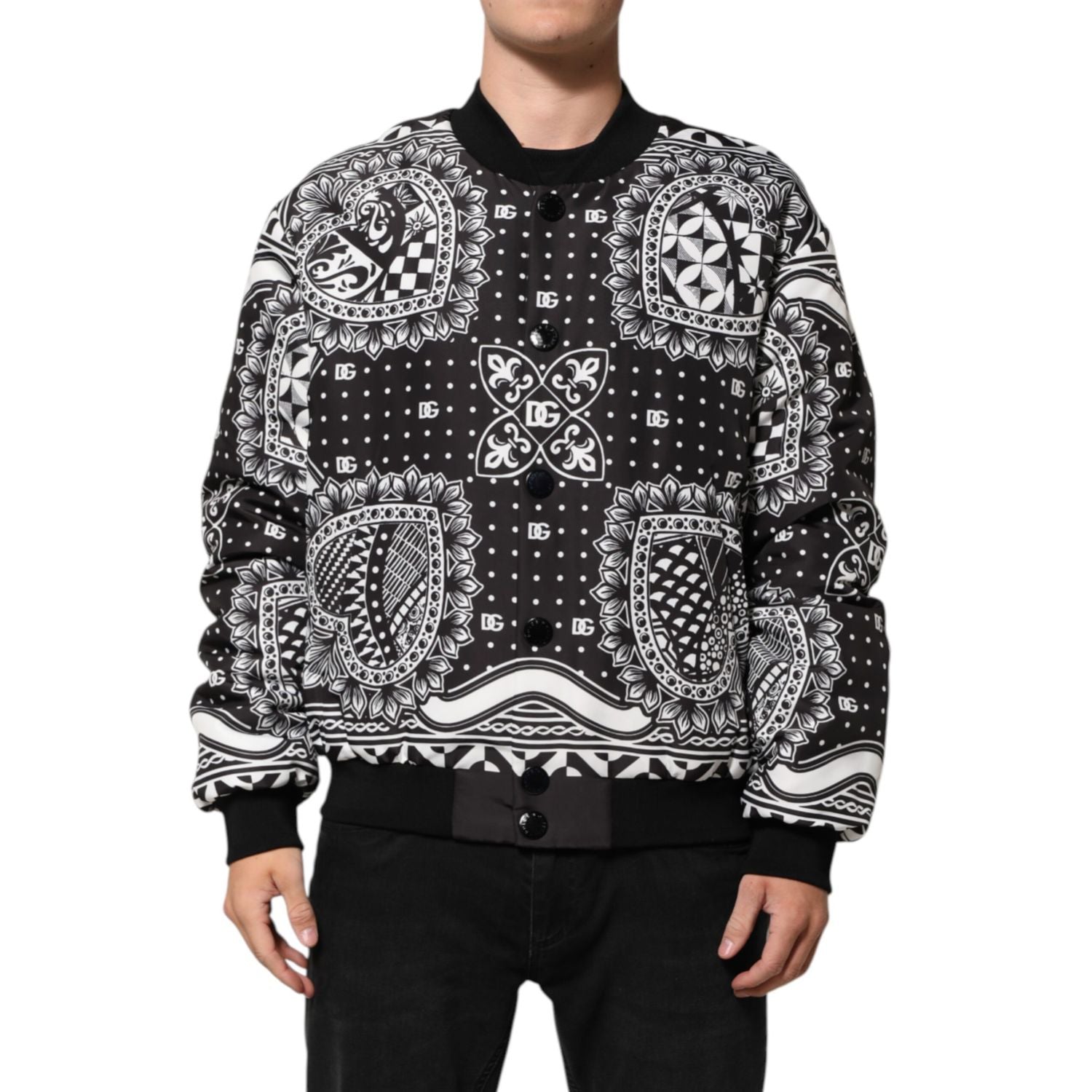 Dolce & Gabbana Black White Bandana Print Bomber Jacket