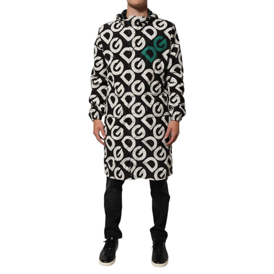 Dolce & Gabbana Black White Logo Print Hooded Coat Men Jacket Dolce & Gabbana