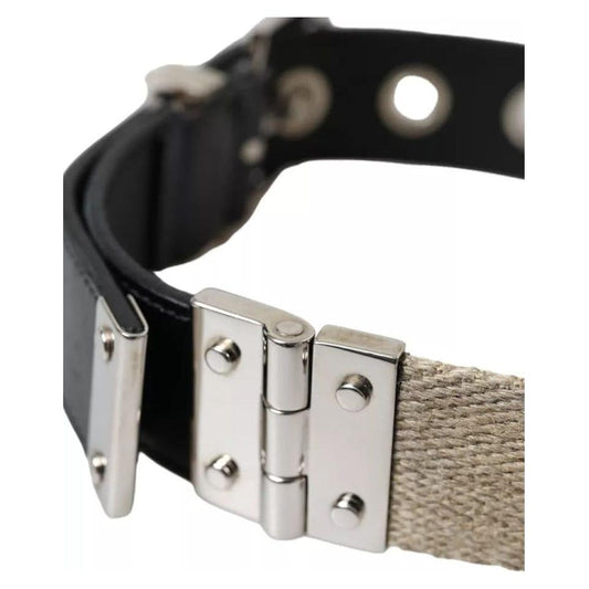 Dolce & Gabbana Black Leather Beige Strap Silver Metal Buckle Belt BEL9096-65