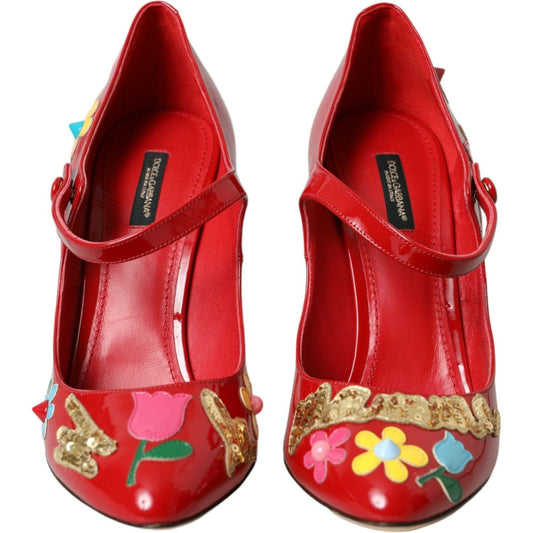 Dolce & Gabbana Red Leather Embellished Mary Jane Pumps Heels Shoes LA10721-40