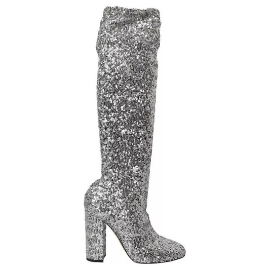 Dolce & Gabbana Silver Sequined High Boots Stretch Shoes LA10943-39