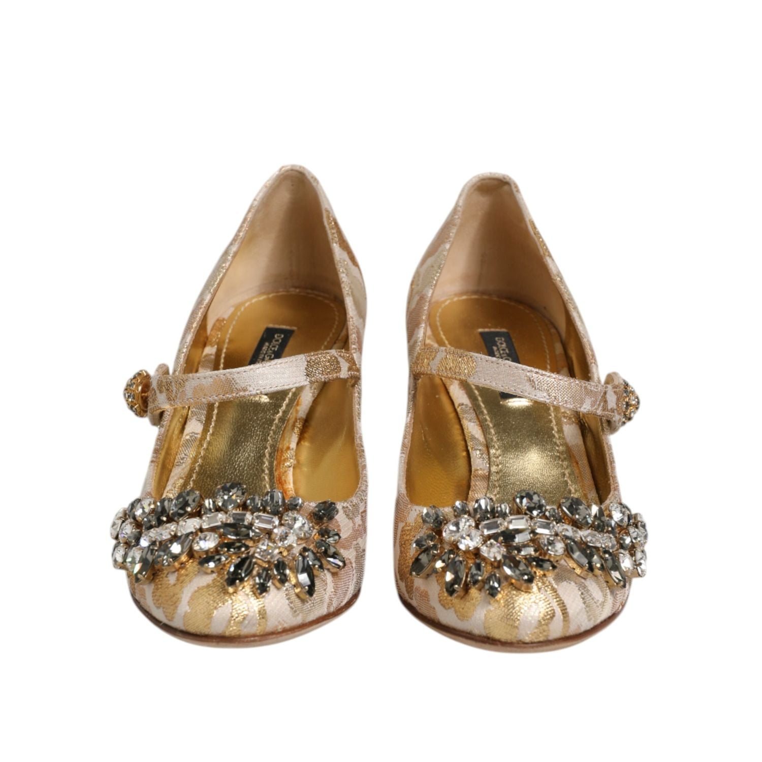 Dolce & Gabbana Gold Jacquard Crystal Mary Janes Pumps Shoes