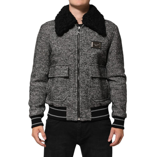 Dolce & Gabbana Gray Wool Herringbone Shearling Collar Bomber Jacket Dolce & Gabbana