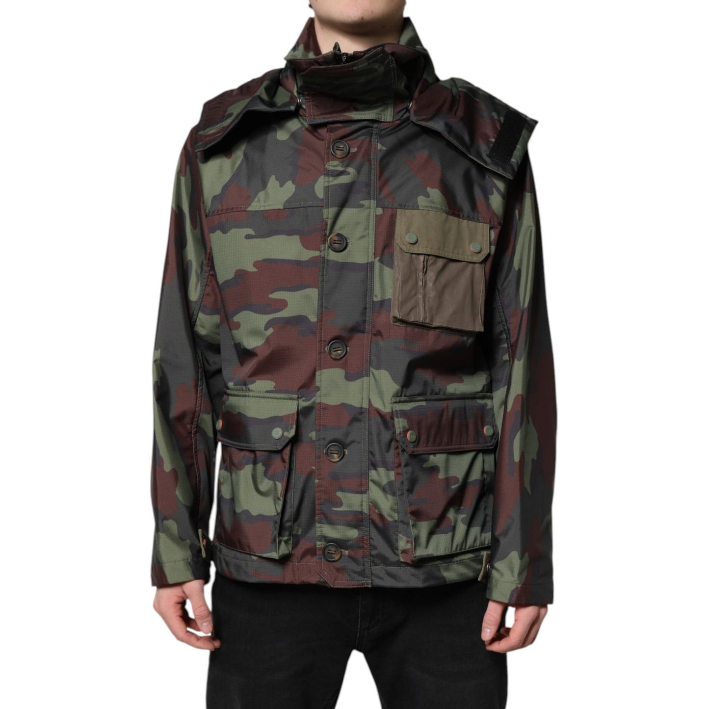 Dolce & Gabbana Multicolor Camouflage Button Hooded Jacket