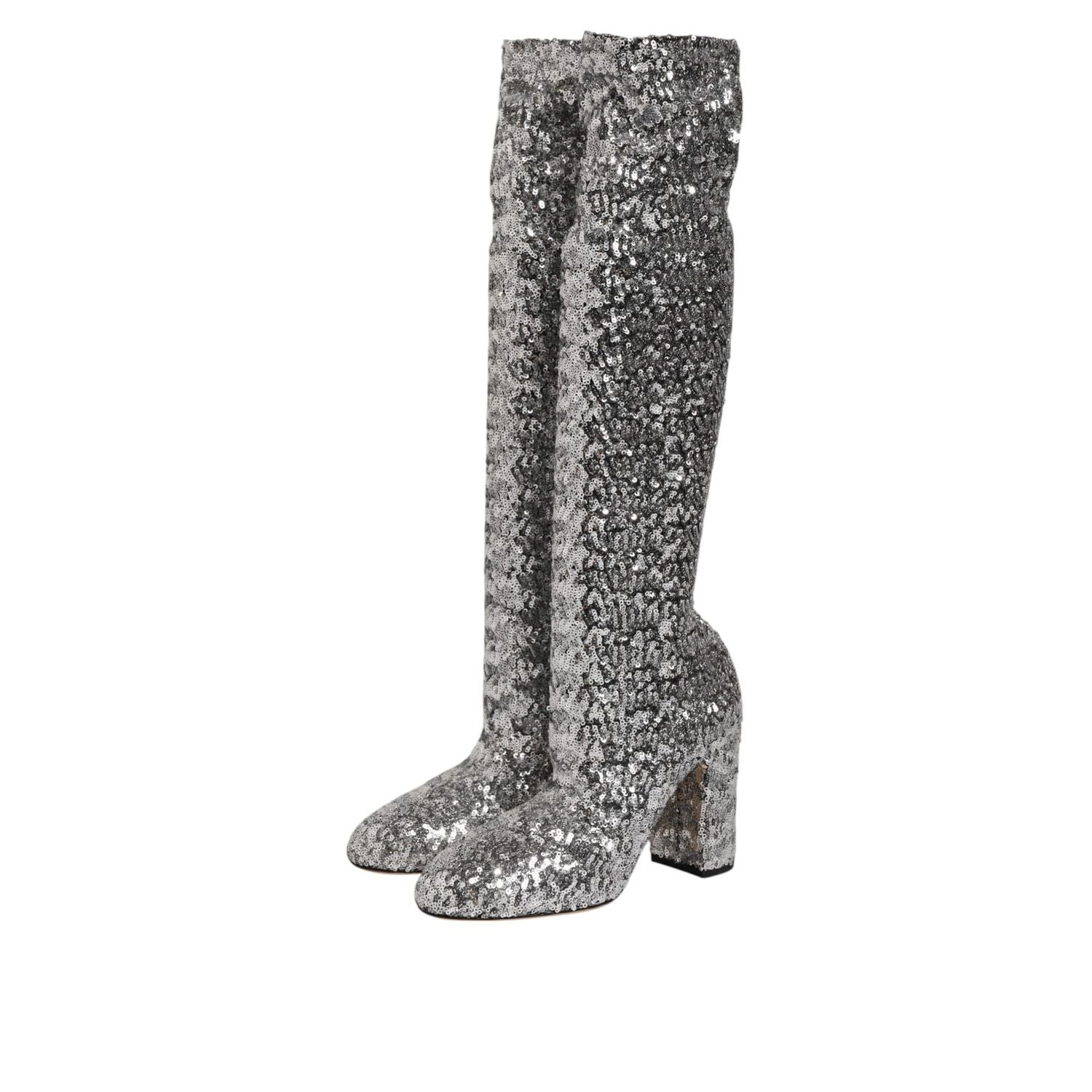 Dolce & Gabbana Silver Sequins Glitter High Heel Boot Shoes