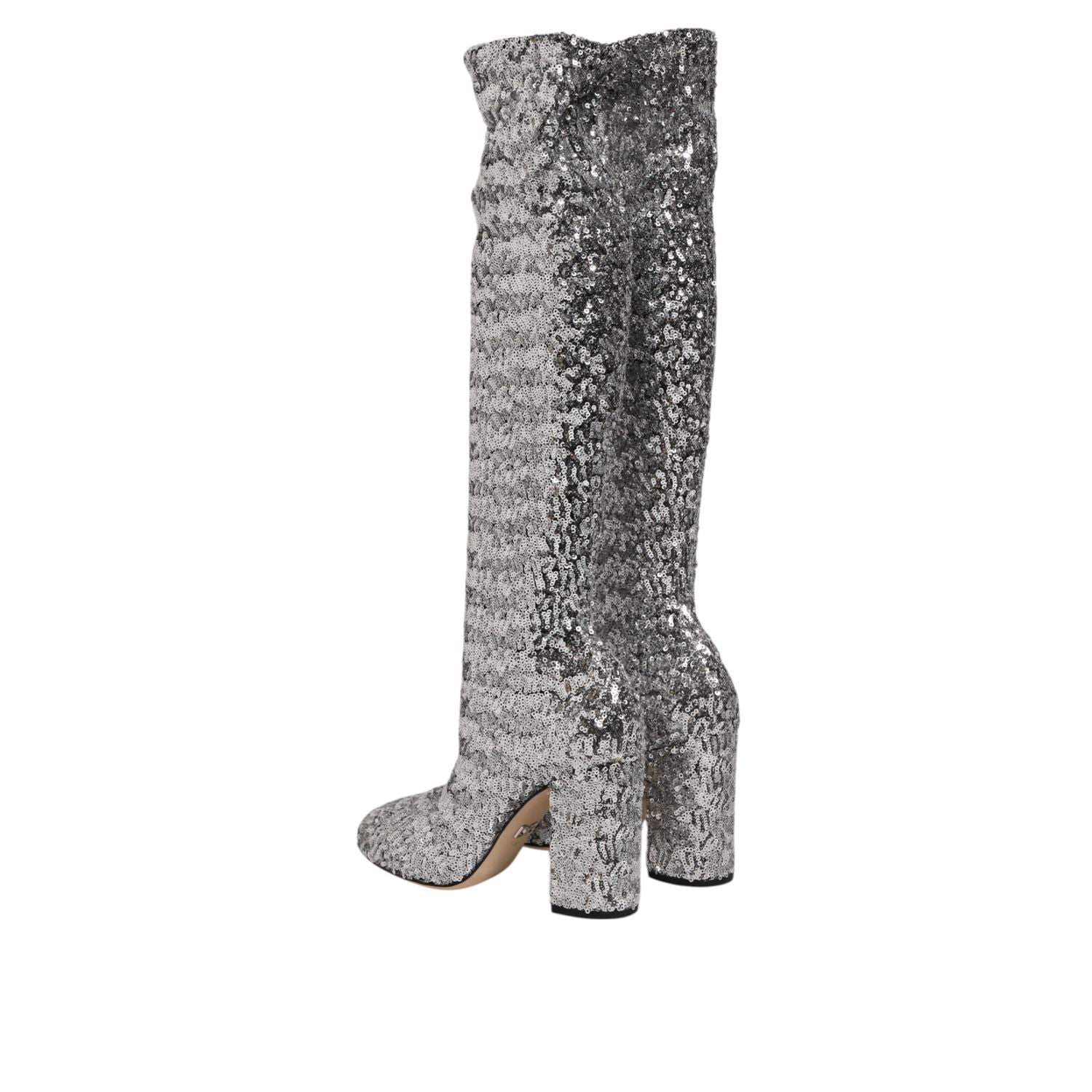 Dolce & Gabbana Silver Sequins Glitter High Heel Boot Shoes
