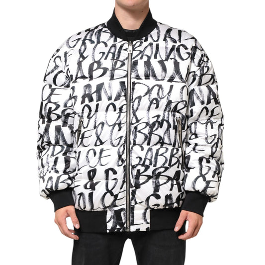 Dolce & Gabbana White Black Graffiti Logo Puffer Bomber Jacket