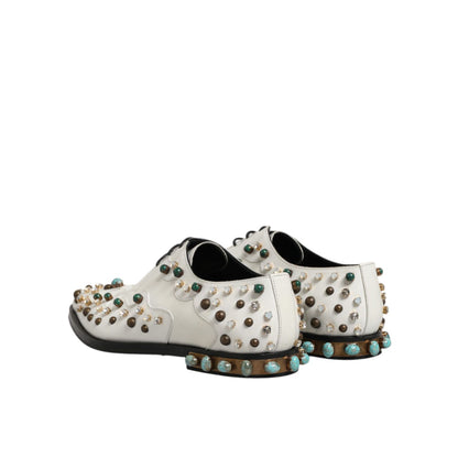Dolce & Gabbana White Leather Crystals Embellished Derby Shoes