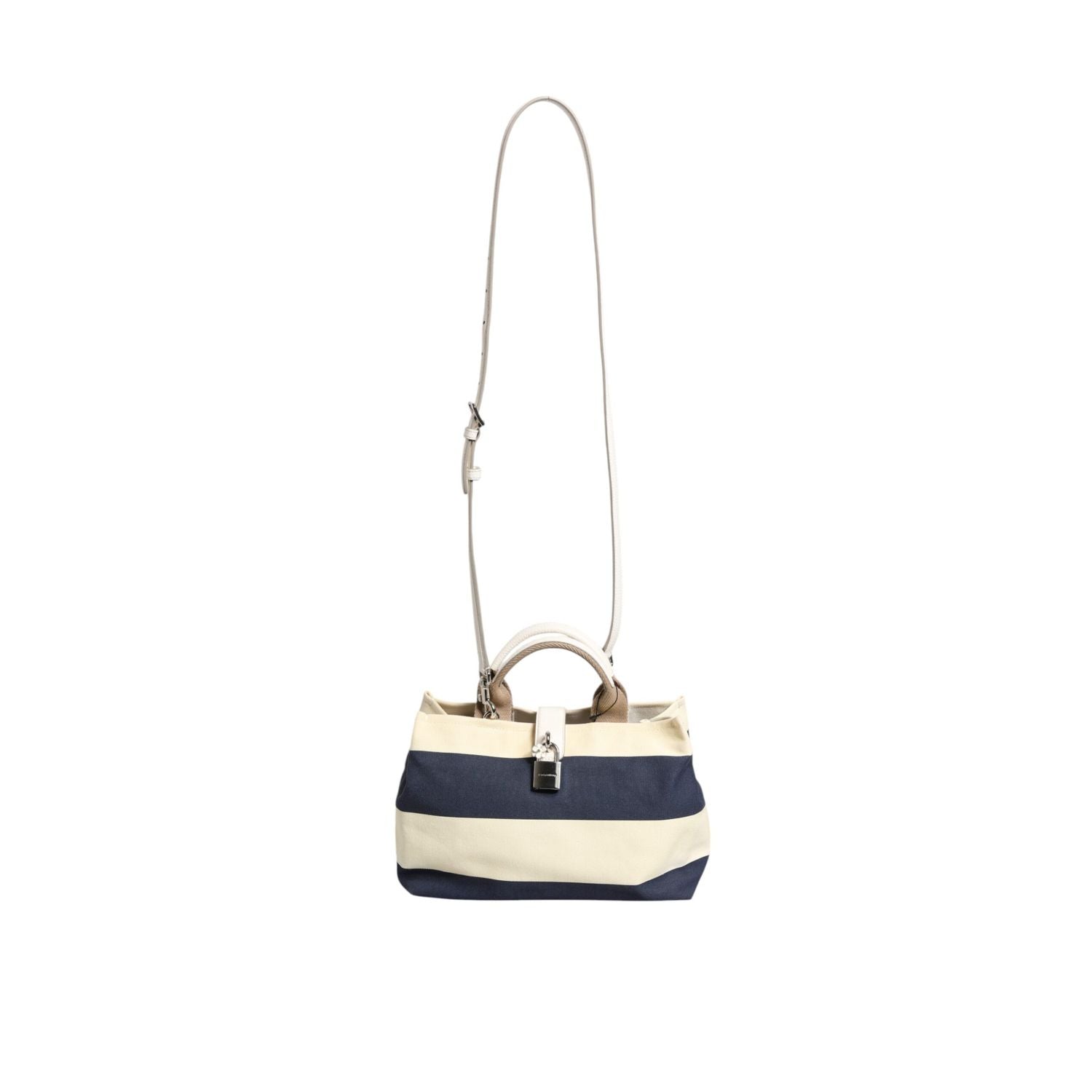 Dolce & Gabbana White Navy Striped Canvas Top Handle Tote Bag