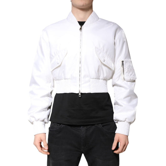 Dolce & Gabbana White Nylon Full Zip Cropped Bomber Jacket Dolce & Gabbana