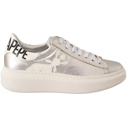 Patrizia Pepe Silver Full Grain Leather Lace Up Sneakers Shoes LA9356-35