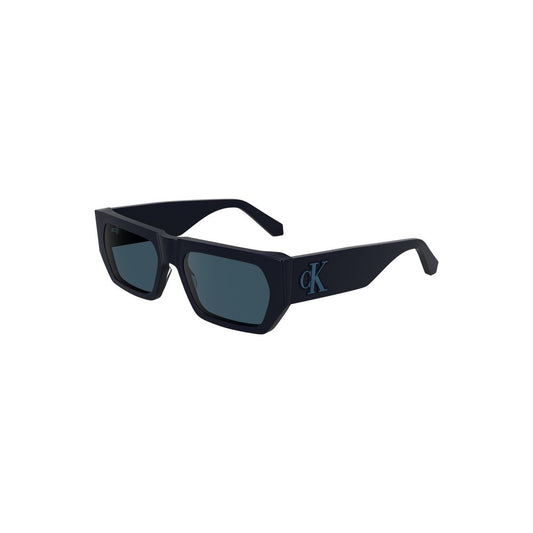 Calvin Klein blue acetate women sunglasses with rectangular frame and logo detail, eco-friendly design.