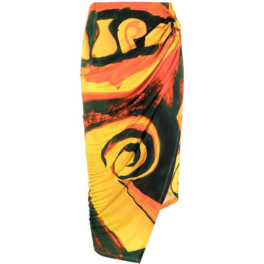 Multicolour high-waist wrap skirt with abstract pattern and ring hardware by Louisa Ballou, showcasing asymmetric stretch design.