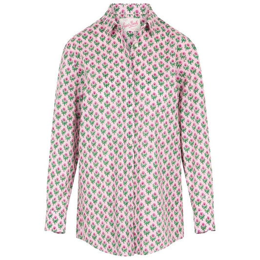 MC2 Saint Barth pink cotton shirt with floral print and mother-of-pearl buttons, long sleeves, buttoned cuffs, stylish and elegant.